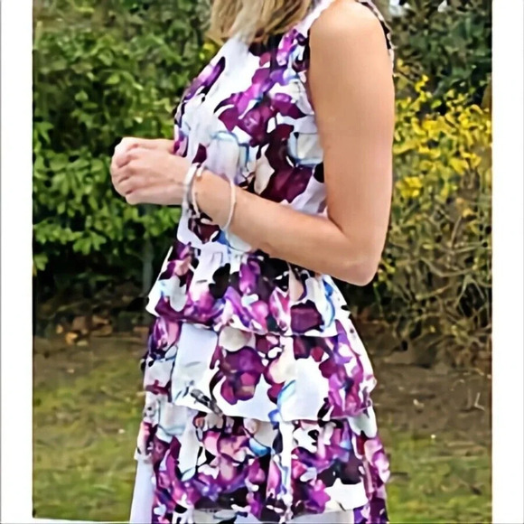 Banana Republic Purple Floral Ruffle Tiered Mini Dress - Women's Size 10 - Picture 2 of 6